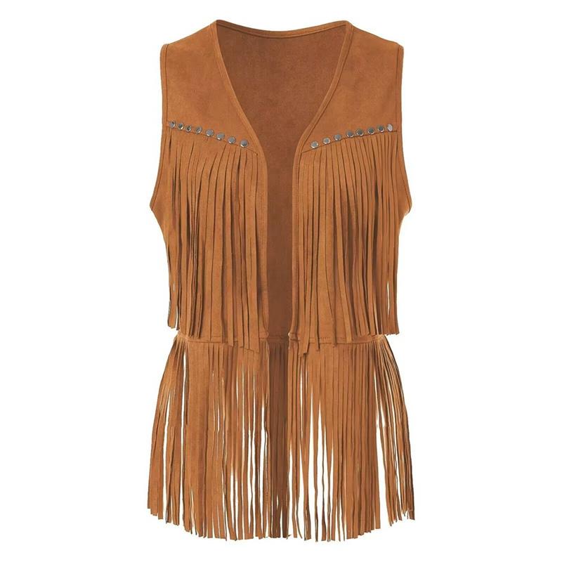 Women Sleeveless Fringed Jacket Buttonless Cardigan Vest