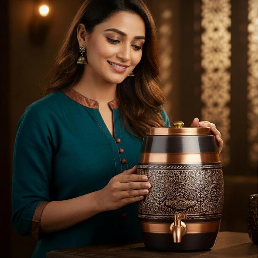 Copper Water Dispenser 5 Litre | Handcrafted Antique Engraved Copper Barrel