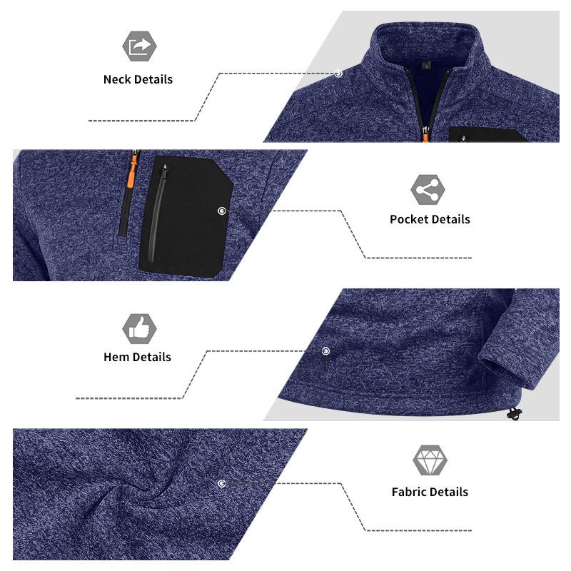 Men's Heather Quarter‑Zip Fleece Pullover, Contrast Zipper Chest Pocket, Stand Collar, Long Sleeve, Casual Outdoor Hiking Sweatshirt Top