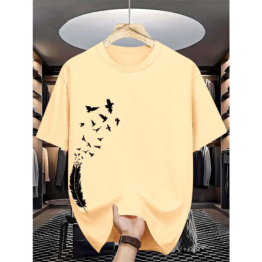 Men's 100% pure cotton summer casual loose fashion bird creative pattern printed round neck T-shirt versatile top