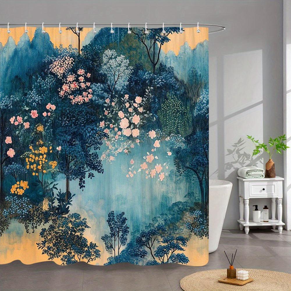 

1Pc Forest Shower Curtain - Impressionist Style Dreamy Landscape With Blue Green Pink Trees, Misty Gradient Background & Wispy W60H190(CM)-1 Pcs