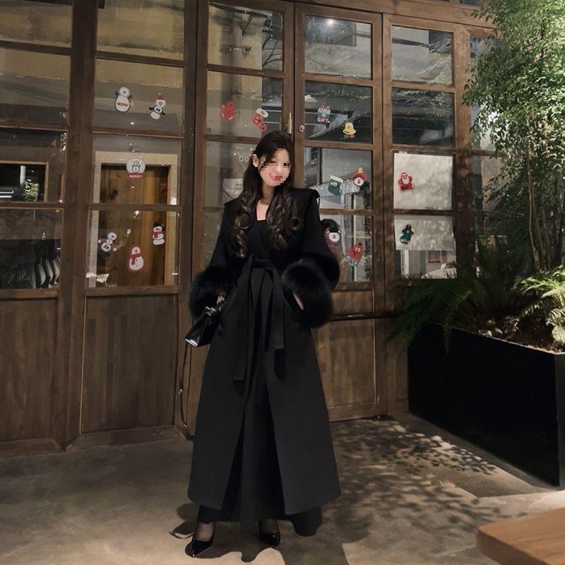 Elegant Faux Fur Sleeve Woolen Jacket With Belt Women Winter Lace Up Long Coats Fashion Office Lady Outerwear High Street