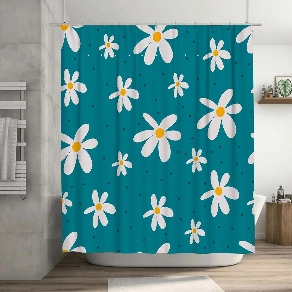 Daisy Blue Shower Curtain Polyester Fabric Waterproof Bath Decoration Home Decor White Flower Print