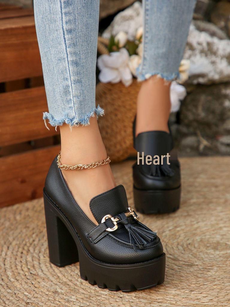 Women's Chunky Heel High Heel Shoes with Tassel Decoration - 2025 Autumn Collection in Plus Sizes
