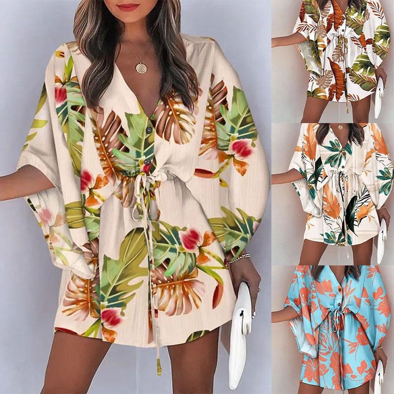 2026 Frühling Damen V-Ausschnitt Fledermausärmel Tropischer Print Kordelzug Taille Mini Strandkleid Urlaubs Überwurf Kurzes Kleid