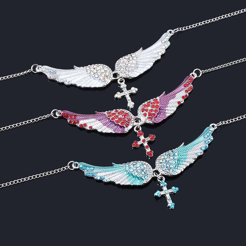 Diamond Simulated Decorated Angel Wing Cross Pendant Necklace For Ladies