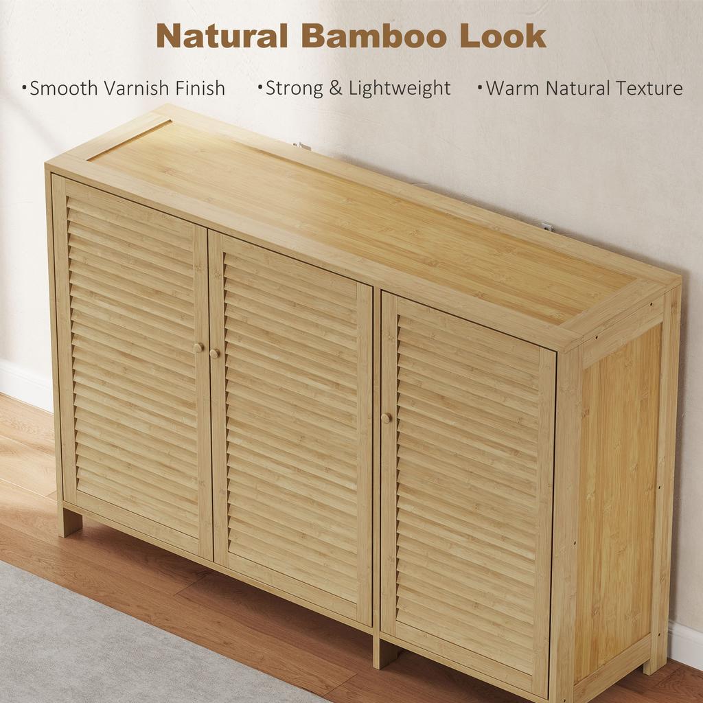 Bamboo Shoe Cabinet with Louvered Doors, 18 Pairs Shoe Storage Cabinet with Adjustable Shelves for Hallway, Natural