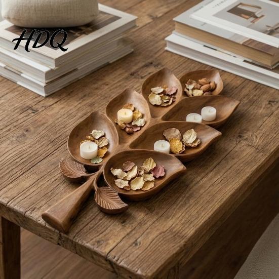 Natural Grain Wood Serving Piece Wooden Leaf Tray 7 Compartment Snack Platter Dry Fruit & Nuts Rustic Farmhouse Home Decor Dish Decorative