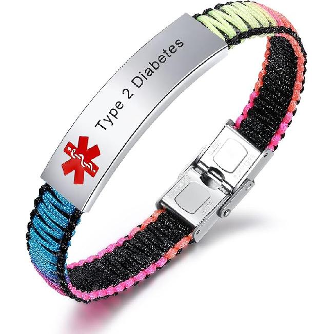 Medical Alert Bracelet for Women | T1D T2D Diabetes Epilepsy Medical Alert ID Emergency Bracelet for Girls & Boys | Handmade Nylon Rope Braided