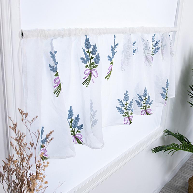Pastoral Style Flower Embroidery Short Curtain Drapery Bedroom Window Panel Sheer Korean Fresh Half-Curtain Cafe Decor 100x50cm