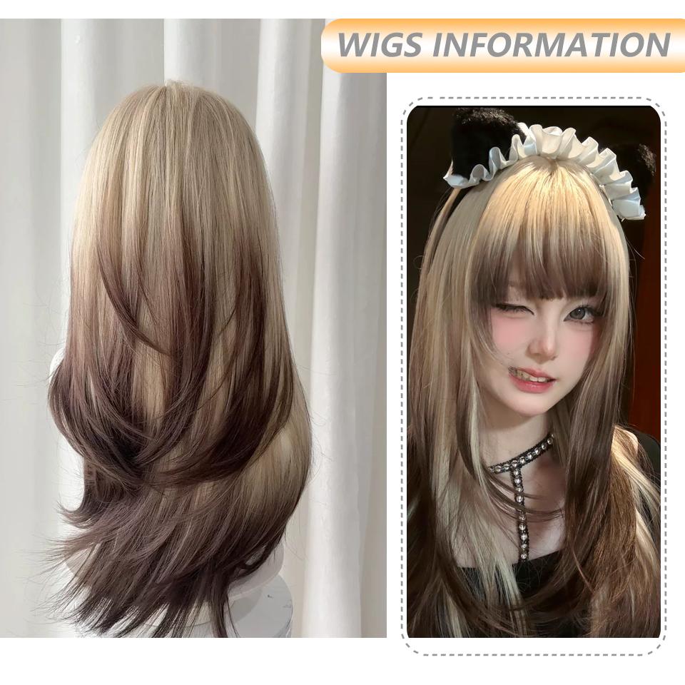 Long Ombre Blonde Wigs with Bangs Synthetic Straight Hair Lolita Cosplay Halloween Natural Wigs for Women Heat Resistant