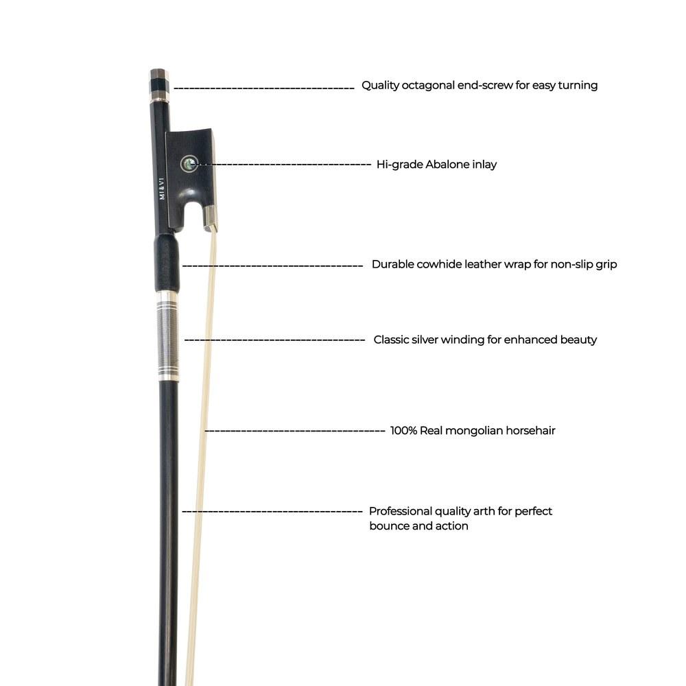 MIVI Music NB-720 Classic Carbon Fiber Violin Bow Size 1/8 Ebony Frog Octagonal Silver Mount Well-Balanced Lightweight Mongolian Horsehair