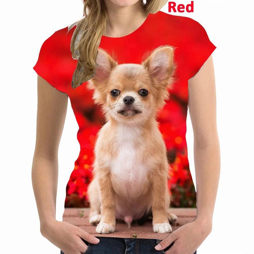 Nejnovější letní dámská móda Roztomilý zvířecí pes Tričko s 3D potiskem Pro volný čas Čivava Tričko s kulatým výstřihem a krátkým rukávem