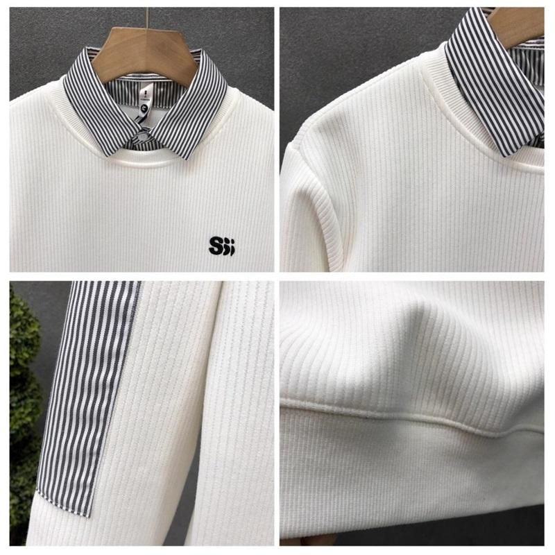 Men's Fake Two-Piece Sweatshirt Striped Shirt Collar Knit Pullover Casual Long Sleeve Top For Daily Wear