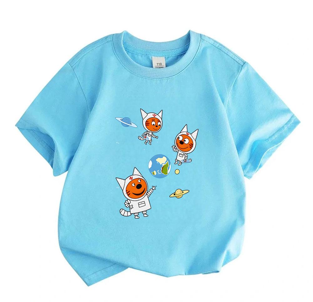 Kids Boys Girls 100% Cotton Crew Neck Short Sleeve T-Shirt, Cute Space Astronaut Cat Print Casual Breathable Tee for Children Daily Wear Outdoor Activ