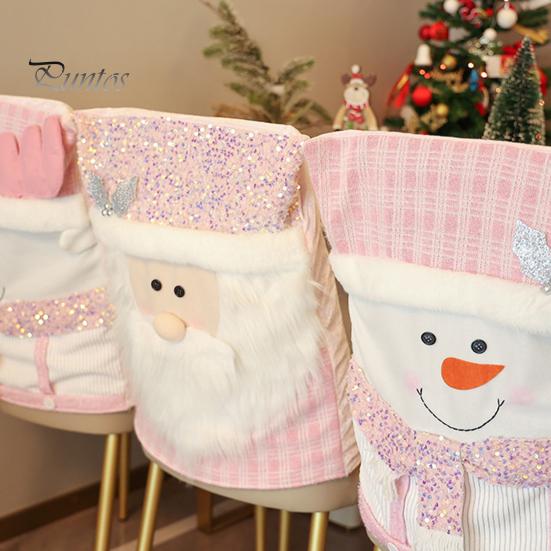 Christmas Chair Cover Santa Snowman Reindeer Chair Back Cover Pink Sequined Chair Slipcover for Dining Room Kitchen Hotel Party Decor