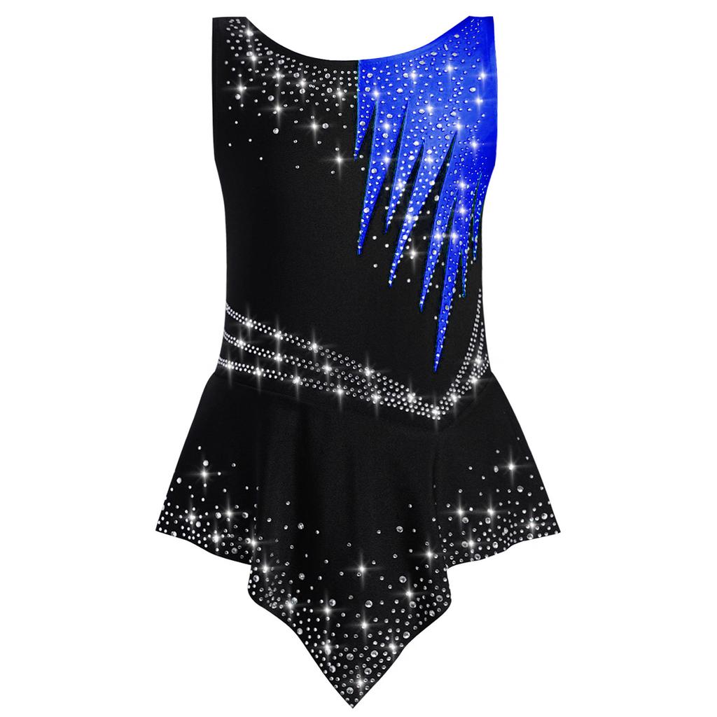 Girls Competition Leotard Sleeveless Style Shiny Rhinestones Contrast Color Bodysuit Gymnastics Performance