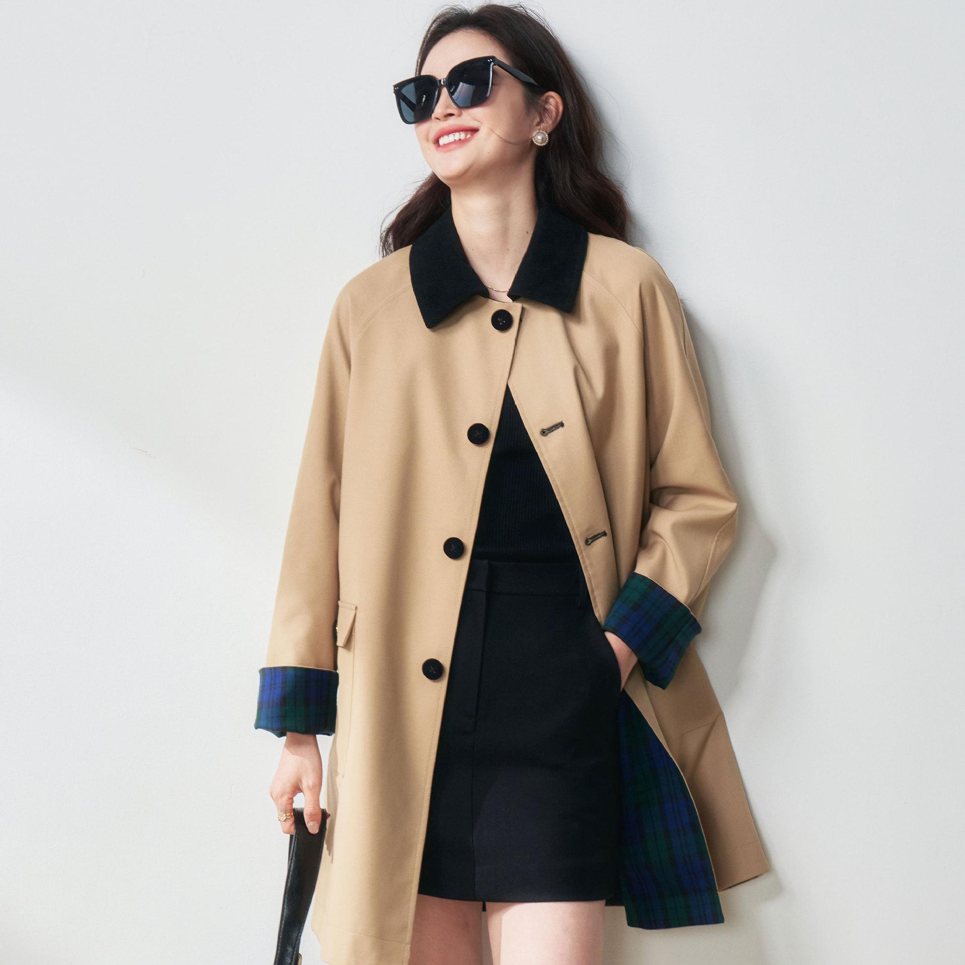 

Осень новый ретро контрастный цвет miu клетка двустороннее хаки средней длины плащ куртка 072 L хаки