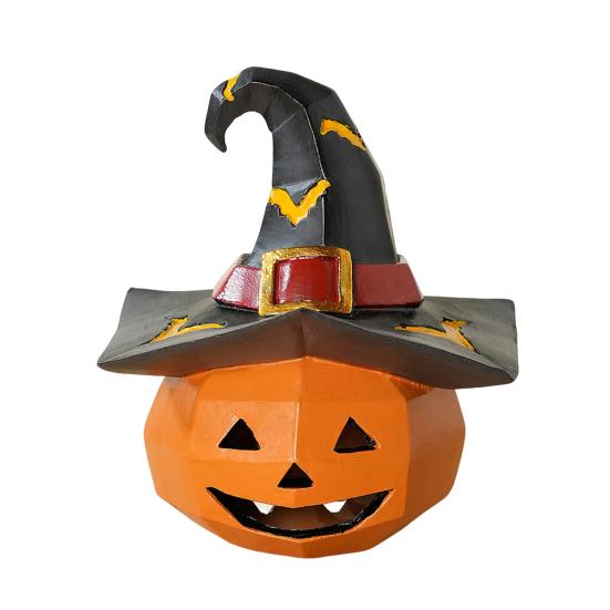 Halloween Ornament Pumpkin Wearing Witch Hat Shape Statue Indoor Outdoor Decor Spooky Halloween Tabletop Decoration