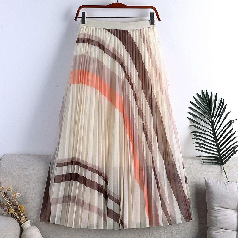 MOJTA Mid-length Skirt Spring Summer Women's Elastic High Waist Skirt A-line Pleated Mesh Contrast StripesSkirt
