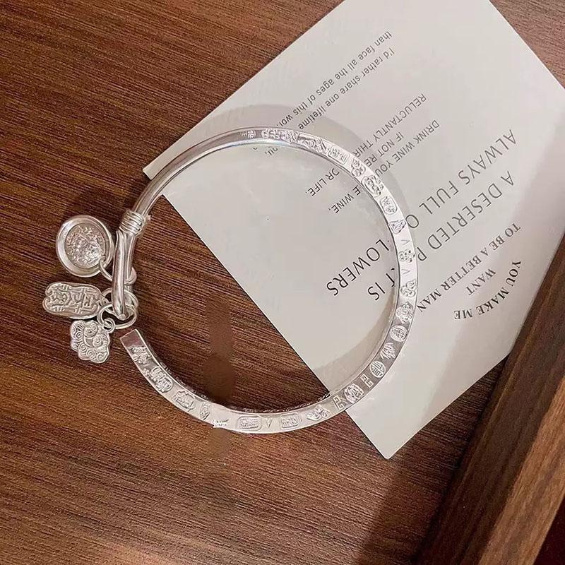 Vintage Silver-plated Fu Character Bracelet New Ethnic Gourd Bell Open Design Concept Bangle Auspicious Ruyi Tassel Jewelry Gift