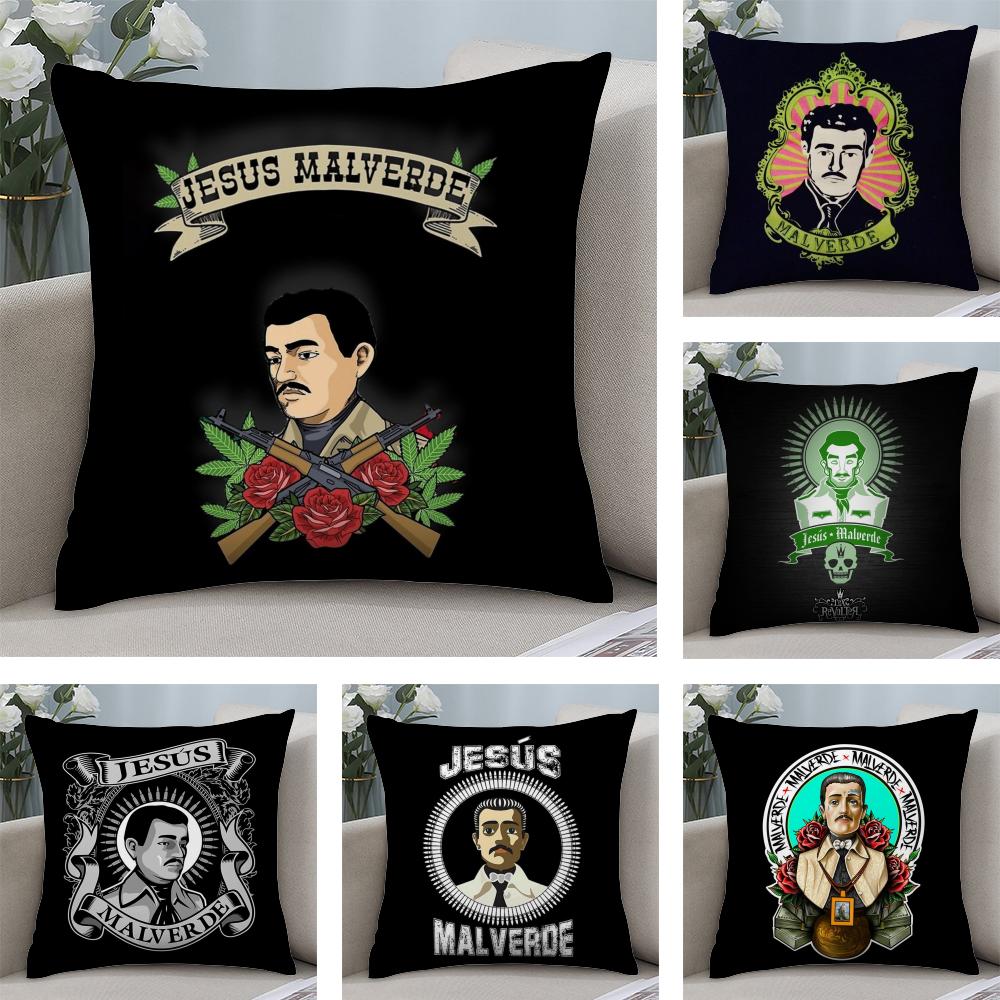 J-Jesus Malverde Cushion Cover Soft Plush Fabric Double-Sided Printed Sofa Cushion Cover for All Seasons Home Decor Gift