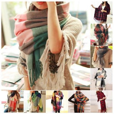 Damen Winter Bunt Kariert Druck Schal Quastenbesatz Imitation Kaschmir Dicke Stola Elegant Groß Lang Warmer Schal Modeaccessoires EMA