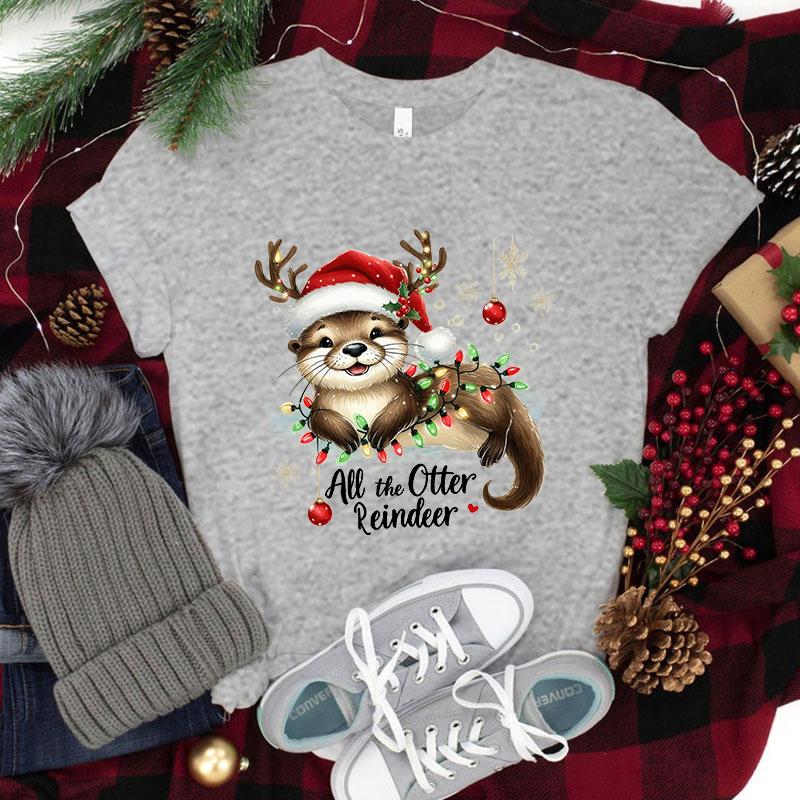 New Christmas All The Otter Reindeer T Shirt Women Casual Personality Round Neck Short Sleeve Fashion Christmas
