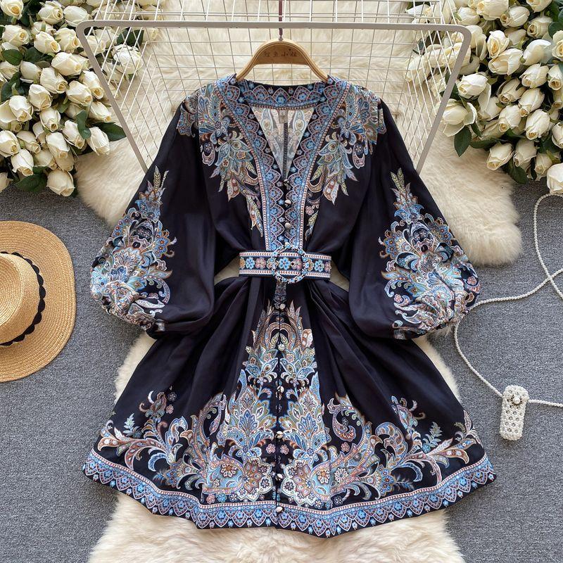 

Accessible Luxury V Neck Waist-Tight Niche Style Socialite Print Dress Black XL