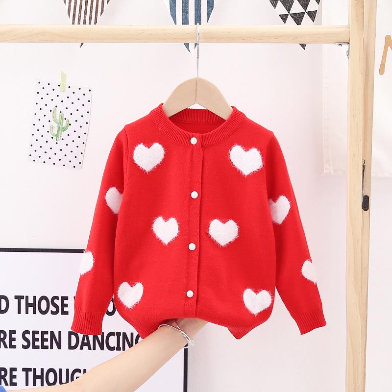 Jinbei Girls' Heart Jacquard Faux Mink Cardigan - Autumn Baby Round Neck Sweater