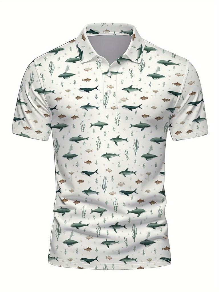 Men's Short Sleeve Polo Shirt with Flat Digital Print Pattern - No Texture