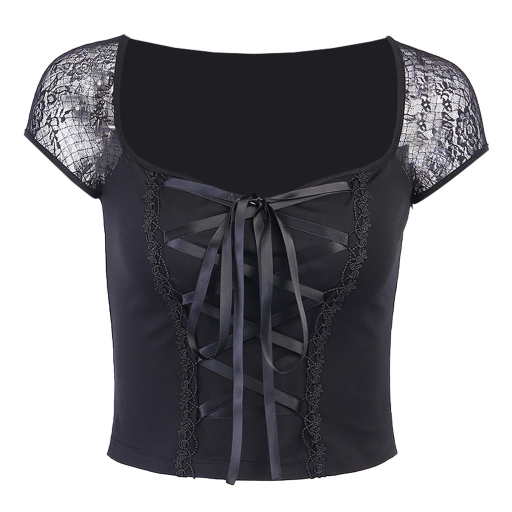 Women Vintage Gothic Slim Fit Lace Mesh Splicing Square Collar Sexy Top