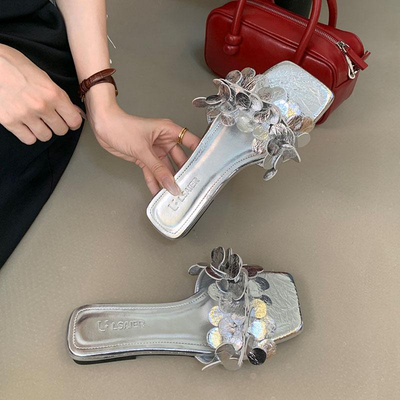 Moda Moda Kwadratowy Nosek Damskie Płaskie Wsuwki Kapcie Buty Nowość Lato Plaża Damskie Płaskie Kapcie Sandały Damskie Japonki