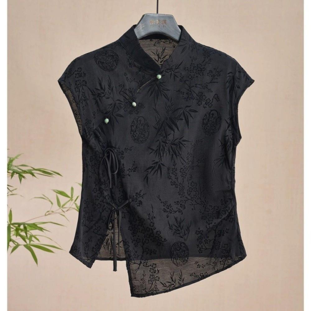 Short Sleeve Cheongsam T-Shirt Jacquard Weave Slanting Lapel Top Summer Outfit