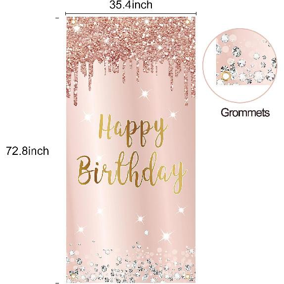 Pink Rose Gold Happy Birthday Door Banner Decorations, Happy Birthday Door Cover Backdrop Party Supplies for Women, Large 16th 21st 30th 40th 50th