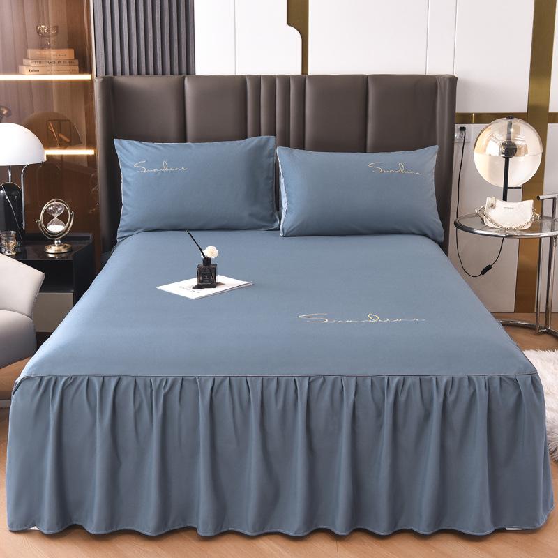 Solid Color Washed Cotton Lace Bed Skirt Mattress Protector