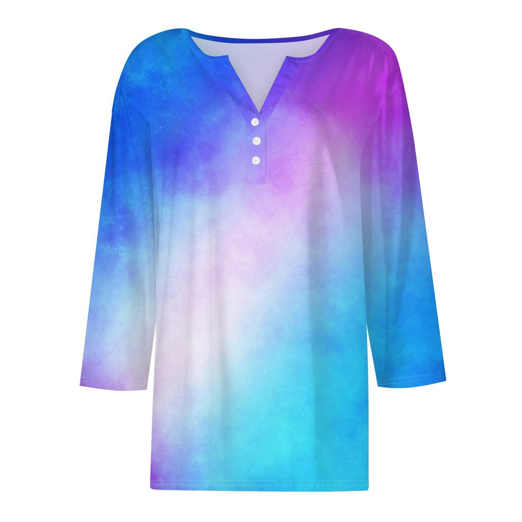 T-shirt pour femme Imprimé Bouton Manches 3/4Mode Quotidienne Week-end Basique Col V Coupe Régulière