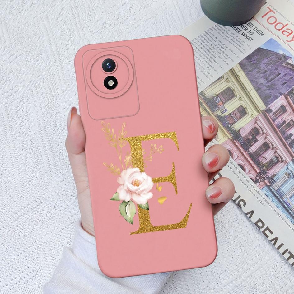 Telefon Fall Für Vivo Y02S Y11 Y12 Y15 Y16 Y17 Y19 Y20 Y21 Y30 4G 5G Luxus Schutzhülle flüssigkeit Weiche Silikon Blume Buchstaben Fundas Für Vivo Stoßstange Coque
