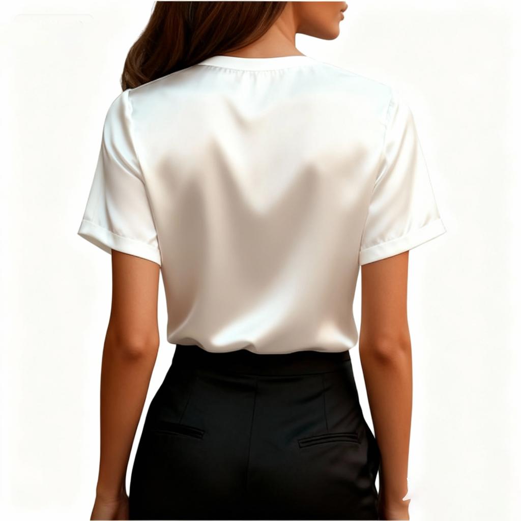 Women's Round Neck, Stylish and Casual, Solid Color Satin Short-sleeved Top.