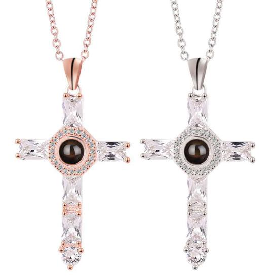 Cross Necklace Shiny Novelty Design Alloy Cross 100 Languages I Love You Projection Necklaces for Daily Dress