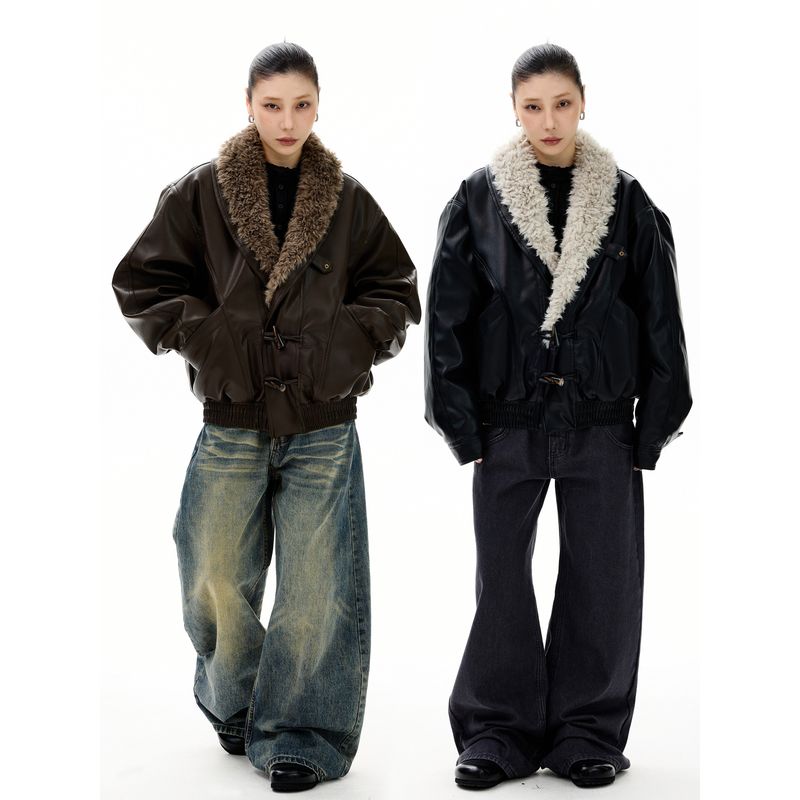 Kisko Winter American-Style Deconstructed Warm Brown Leather Jacket Cotton Coat for Men and Women, High-End Cool Loose-Fitting Jacket for Couples