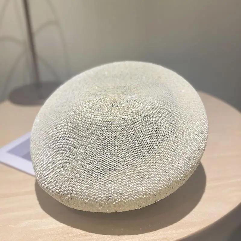Female Silver Gold Sequins Hollowed Out Adjustable Berets Round Street Summer Breathable Style Beret Cap