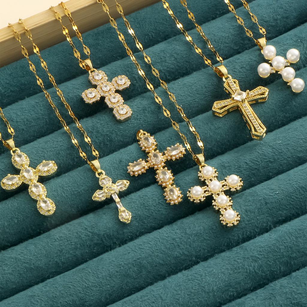 1 pearl shell inlaid zircon cross pendant for women's sexy style stainless steel plated gold necklace