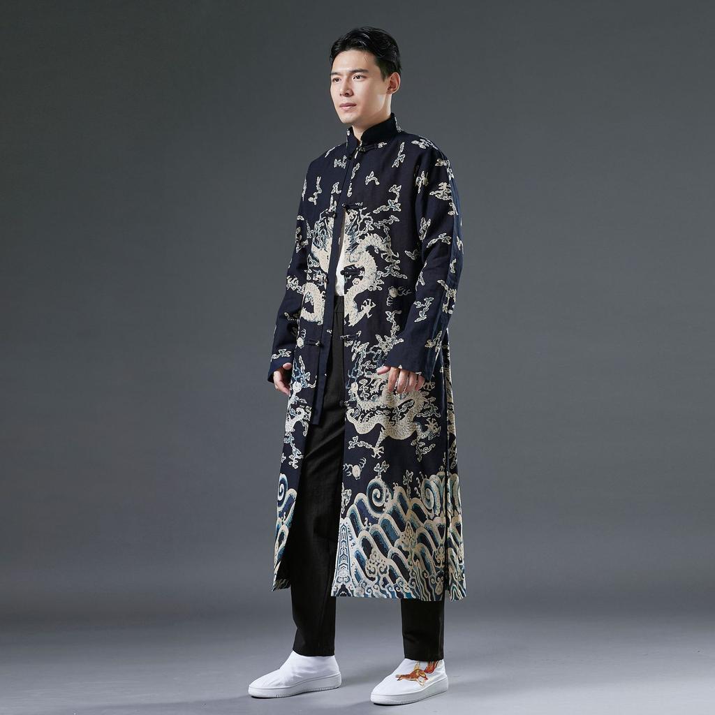Winter new double-layer dragon pattern trench coat cotton and linen printed disc-buckled cardigan loose stand-up collar Chinese style coat