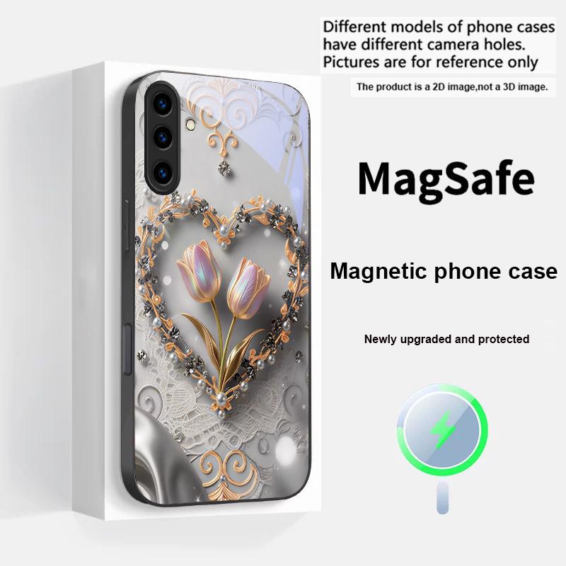 Love's Pink Purple Tulip For Magsafe Samsung S25 S25 Edge S25Ultra S8 9 10 20 S21 Pro 22 Plus S23 FE S24 Ultra Glass Phone Case
