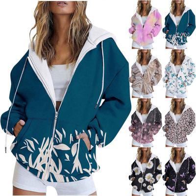 Damenmode Lässiges bedrucktes Sweatshirt und Winter Langarm Taschen Strickjacke Jacke Reißverschluss Kapuzenpullover Mantel