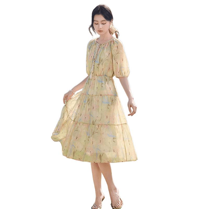 Xiangying French Print Puff Sleeve A-line Dress M