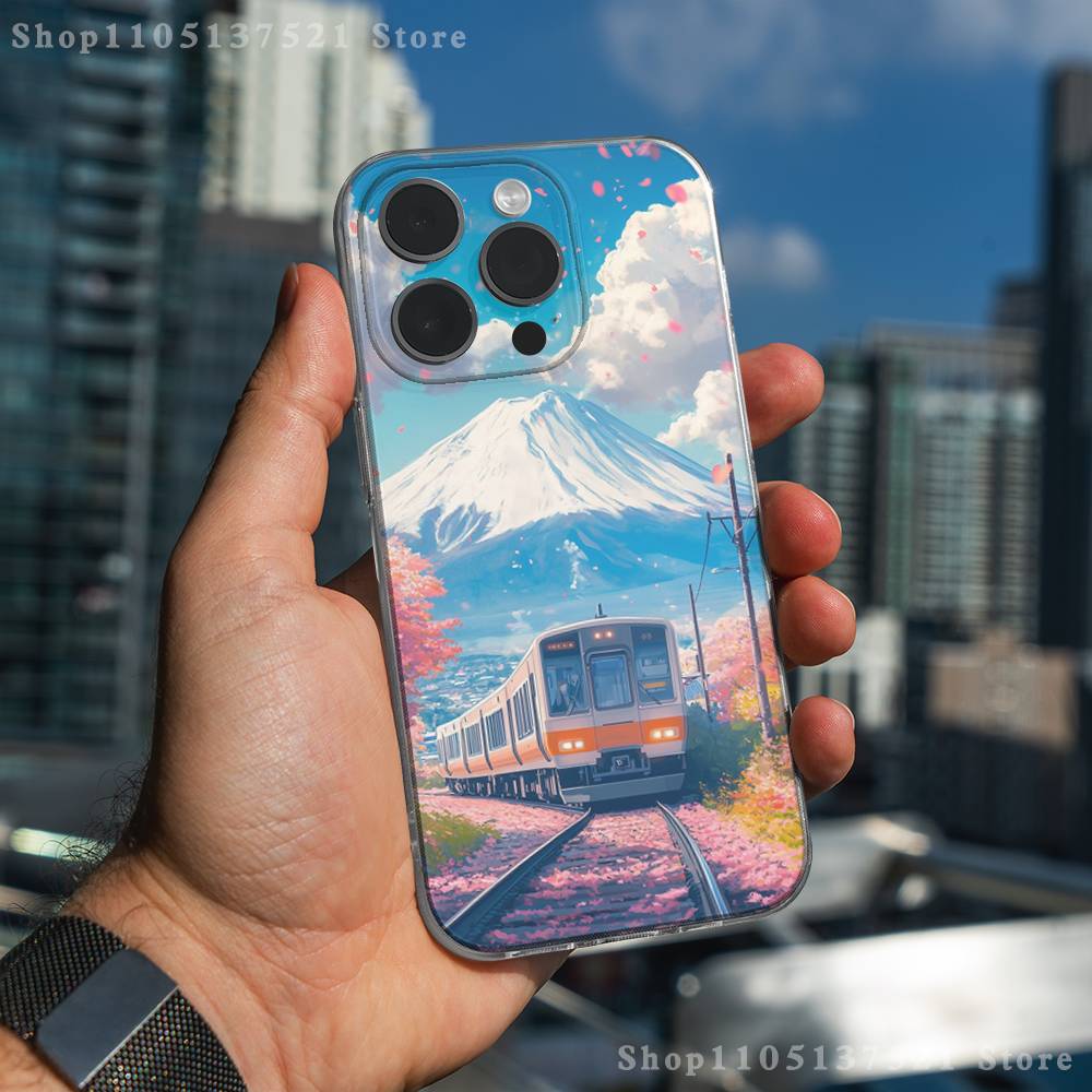 Coque de téléphone Train Fleur de Cerisier Art pour iPhone 17,16,15,14,13,12,11 Pro,Max,Plus,XR,Mini,E Transparente Couverture Complète Souple