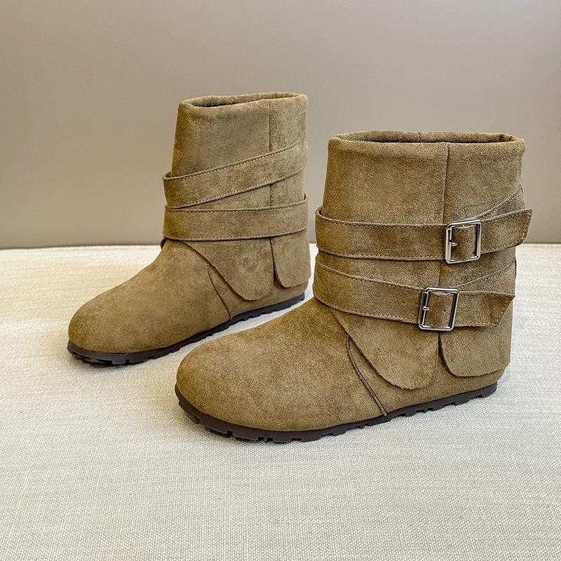 

Fashion Suede Inside Heightened Flat Boots Women s Fashion Round Toe Sleeve Metal Belt Buckle Non-Slip Booties 41 хаки