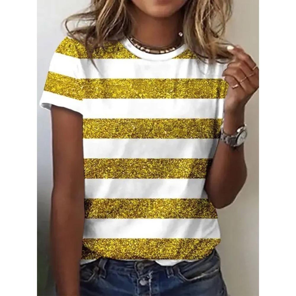 Summer Women’s Casual Fashion Stripe Geometry 3D Printed T-shirt Loose Breathable Plus-size Casual Sports Versatile Crew Neck Short-sleeve T-shirt S